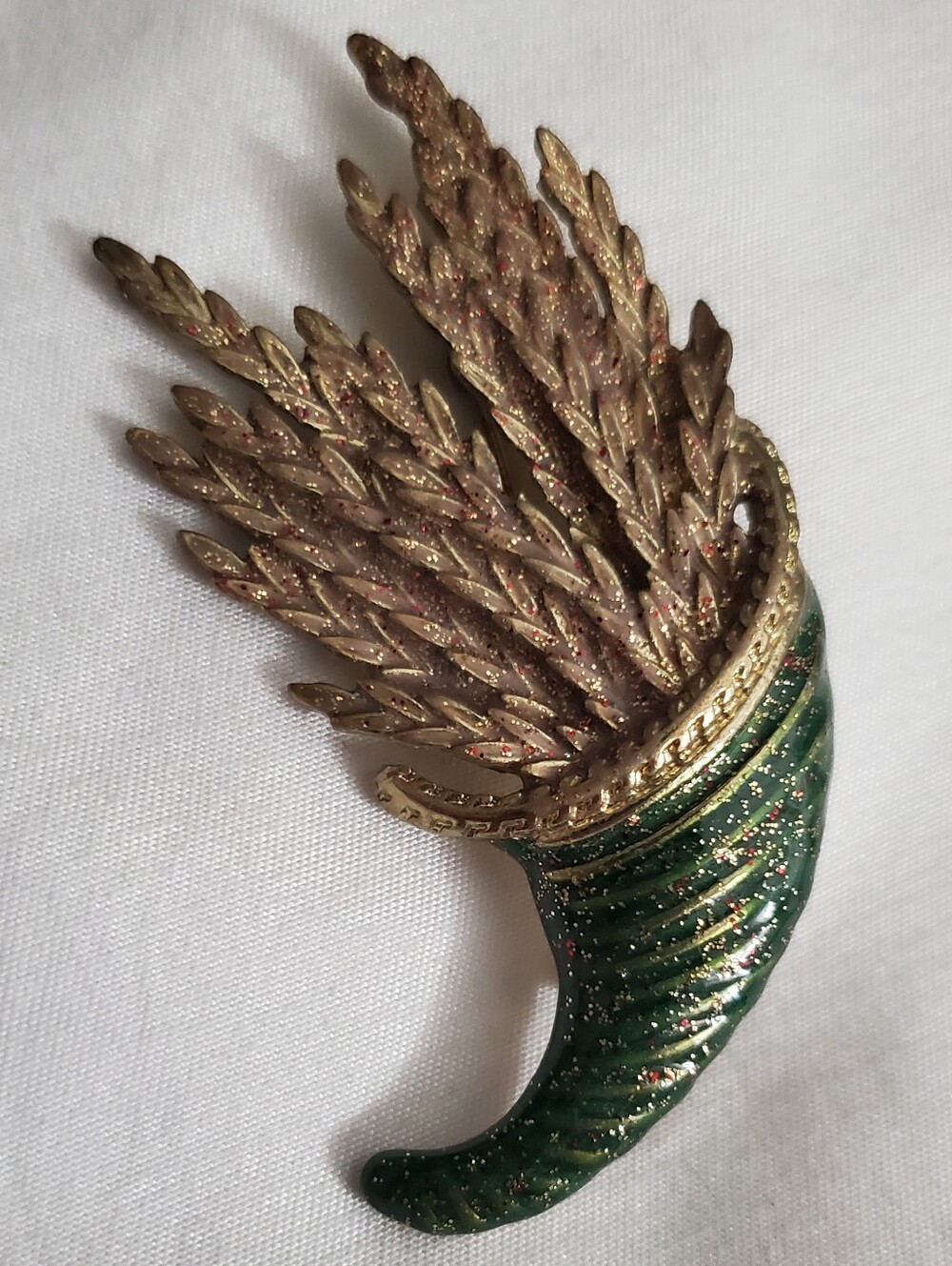 Vintage Horn Of Plenty Wheat Brooch Thanksgiving Enamel Sparkly Gold Green